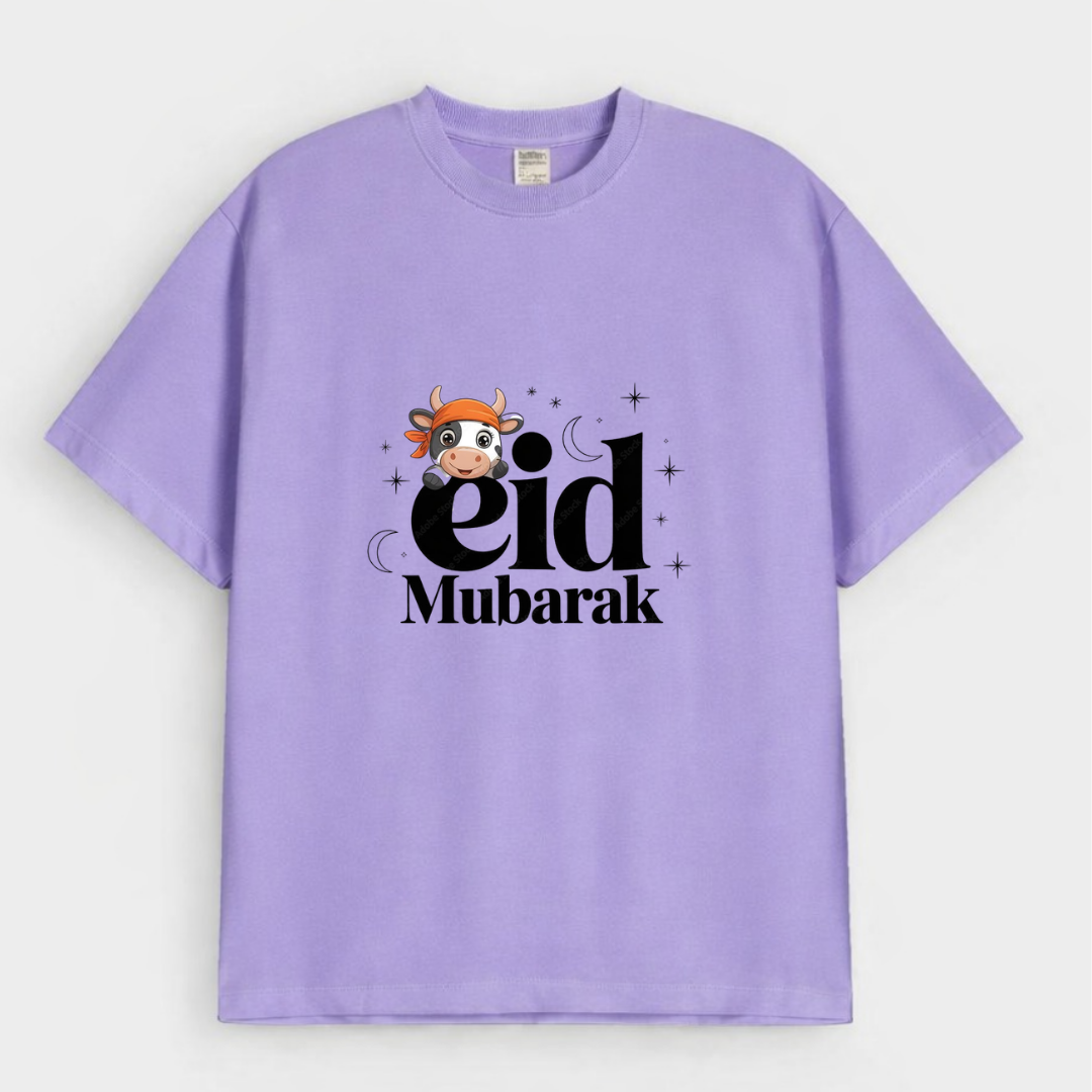 "Eid Mubarak" Bold Text & Cute Cow Graphic Drop-Shoulder T-Shirt (Eid Edit)