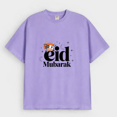 "Eid Mubarak" Bold Text & Cute Cow Graphic Drop-Shoulder T-Shirt (Eid Edit)