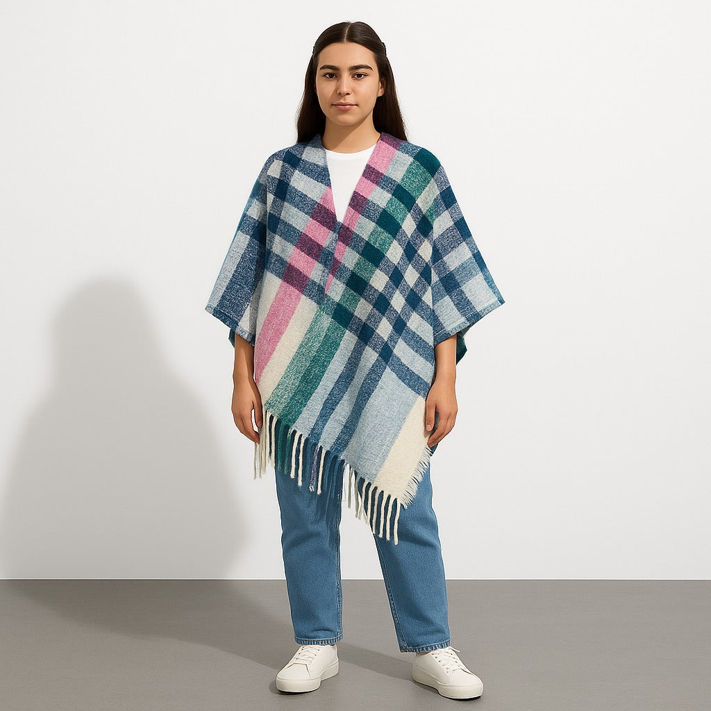 Ladies pink green check poncho
