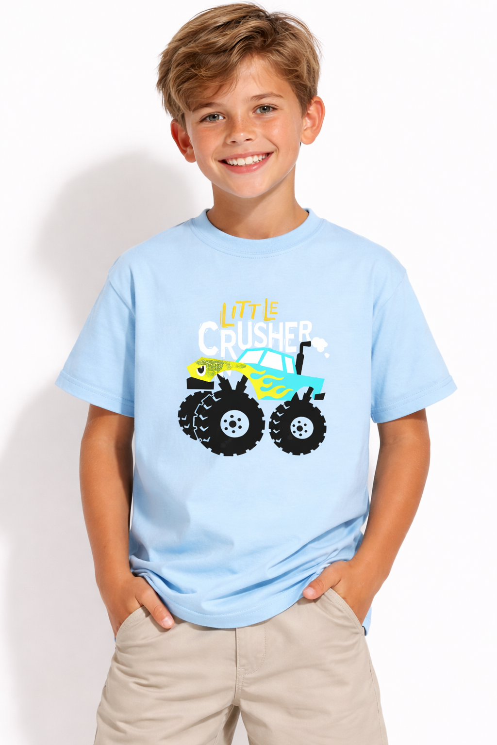 Boys Monster Truck Sky Blue Down Shoulder T-shirt