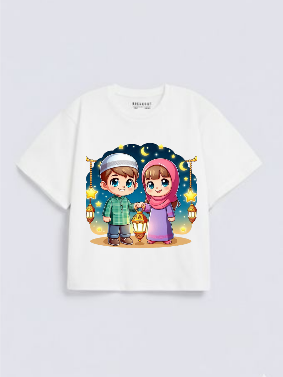 Boys & Girls Eid Lantern Kids Night Graphic Down Shoulder T-shirt for Eid Celebration