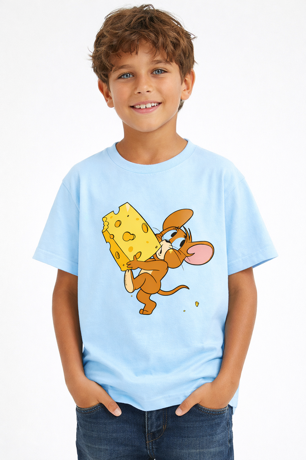 Boys Mouse Cheese Cartoon Sky Blue Down ShoulderT-shirt