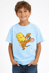 Boys Mouse Cheese Cartoon Sky Blue Down ShoulderT-shirt