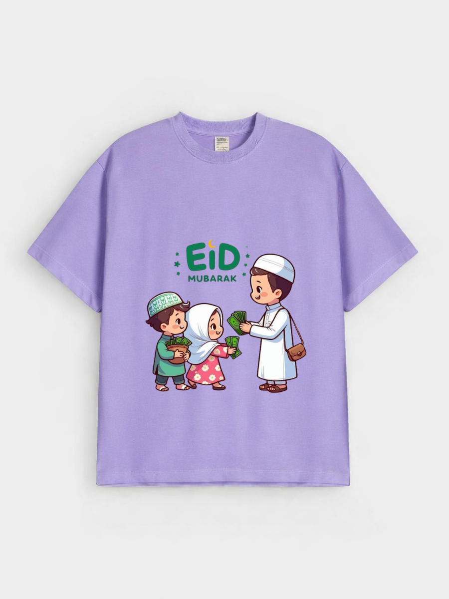 Boys & Girls Eid Mubarak Eidi Kids Graphic Down Shoulder T-shirt for Eid Celebration