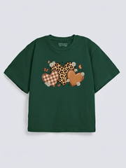 Girls Leopard Heart Green Down Shoulder T-shirt