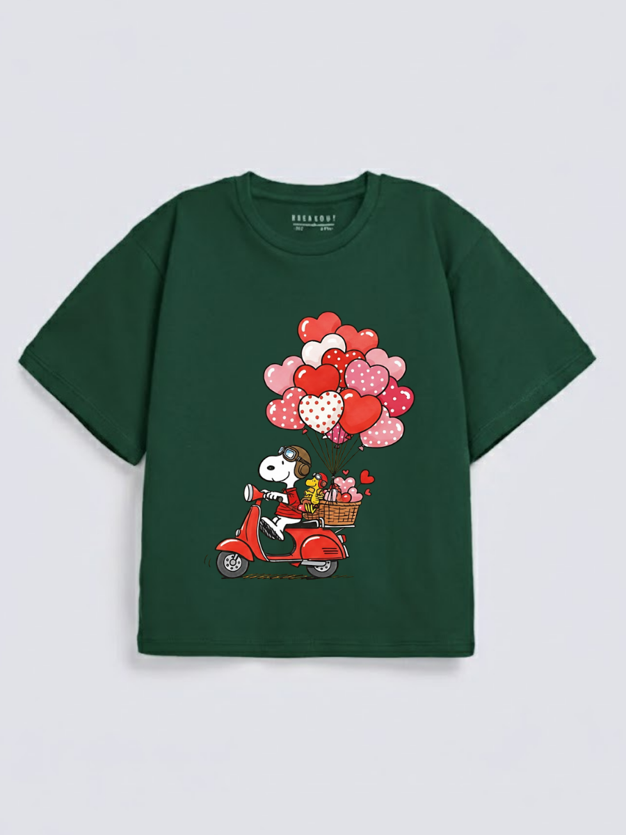 Girls Snoopy Hearts Scooter Green Down Shoulder T-shirt