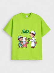 Boys & Girls Eid Mubarak Eidi Kids Graphic Down Shoulder T-shirt for Eid Celebration