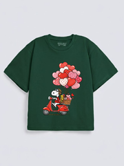 Girls Snoopy Hearts Scooter Green Down Shoulder T-shirt