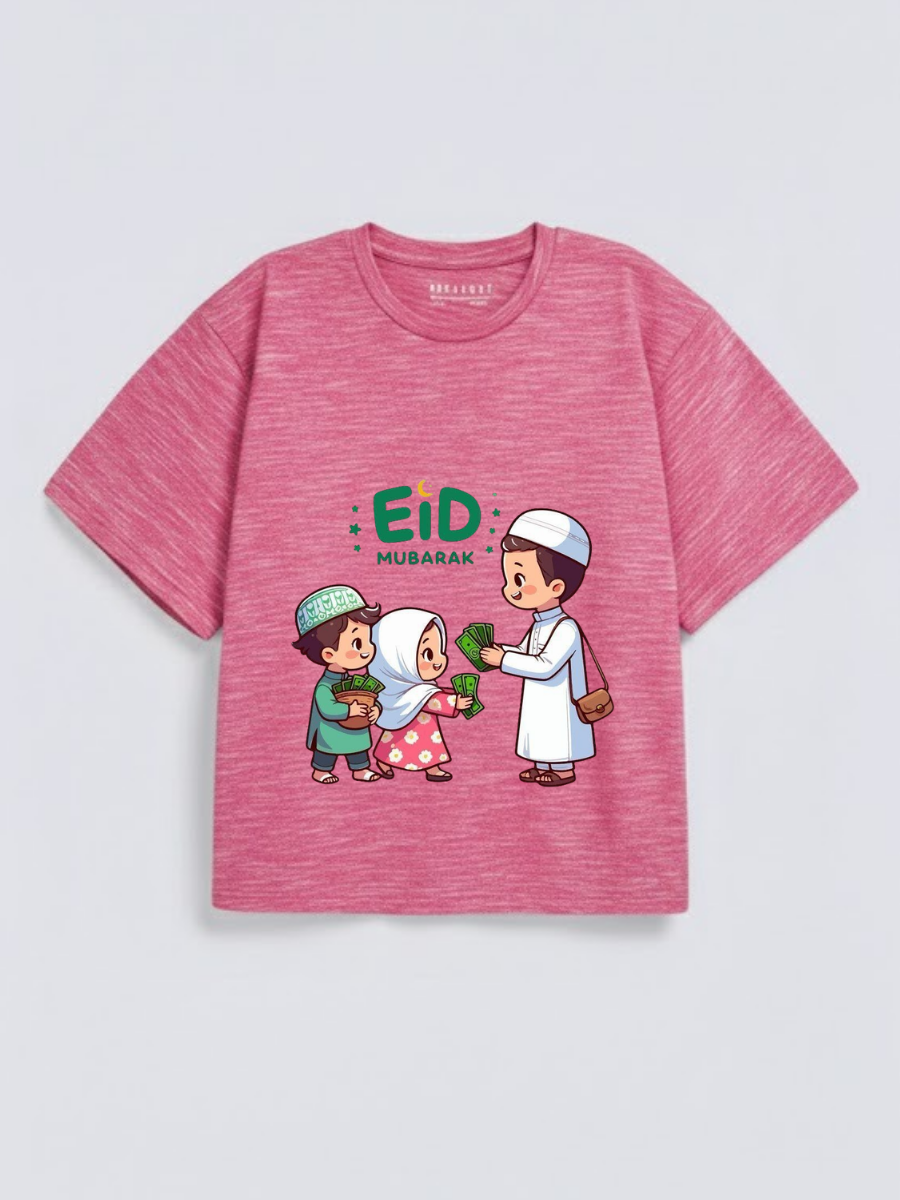 Boys & Girls Eid Mubarak Eidi Kids Graphic Down Shoulder T-shirt for Eid Celebration