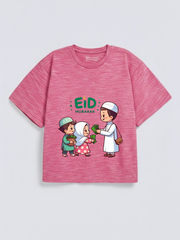Boys & Girls Eid Mubarak Eidi Kids Graphic Down Shoulder T-shirt for Eid Celebration
