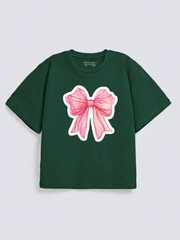 Girls Pink Bow Green Down Shoulder T-shirt
