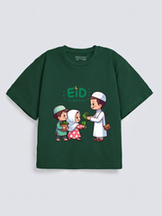 Boys & Girls Eid Mubarak Eidi Kids Graphic Down Shoulder T-shirt for Eid Celebration