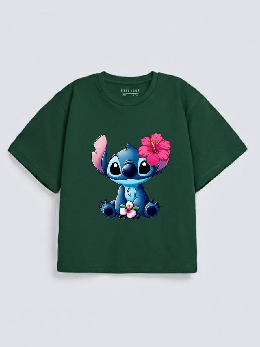 Girls Cute Stitch Green Down Shoulder T-shirt