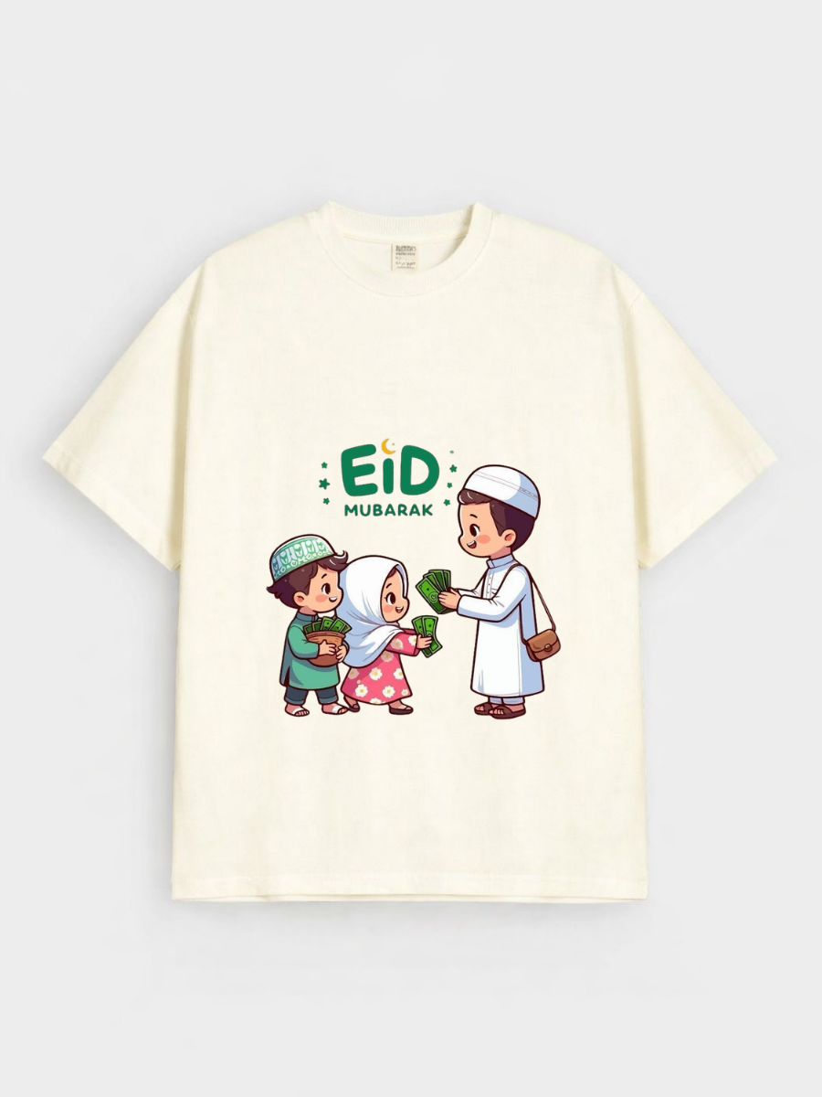 Boys & Girls Eid Mubarak Eidi Kids Graphic Down Shoulder T-shirt for Eid Celebration