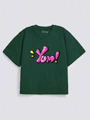 Girls Yom Text Print Green Down Shoulder T-shirt