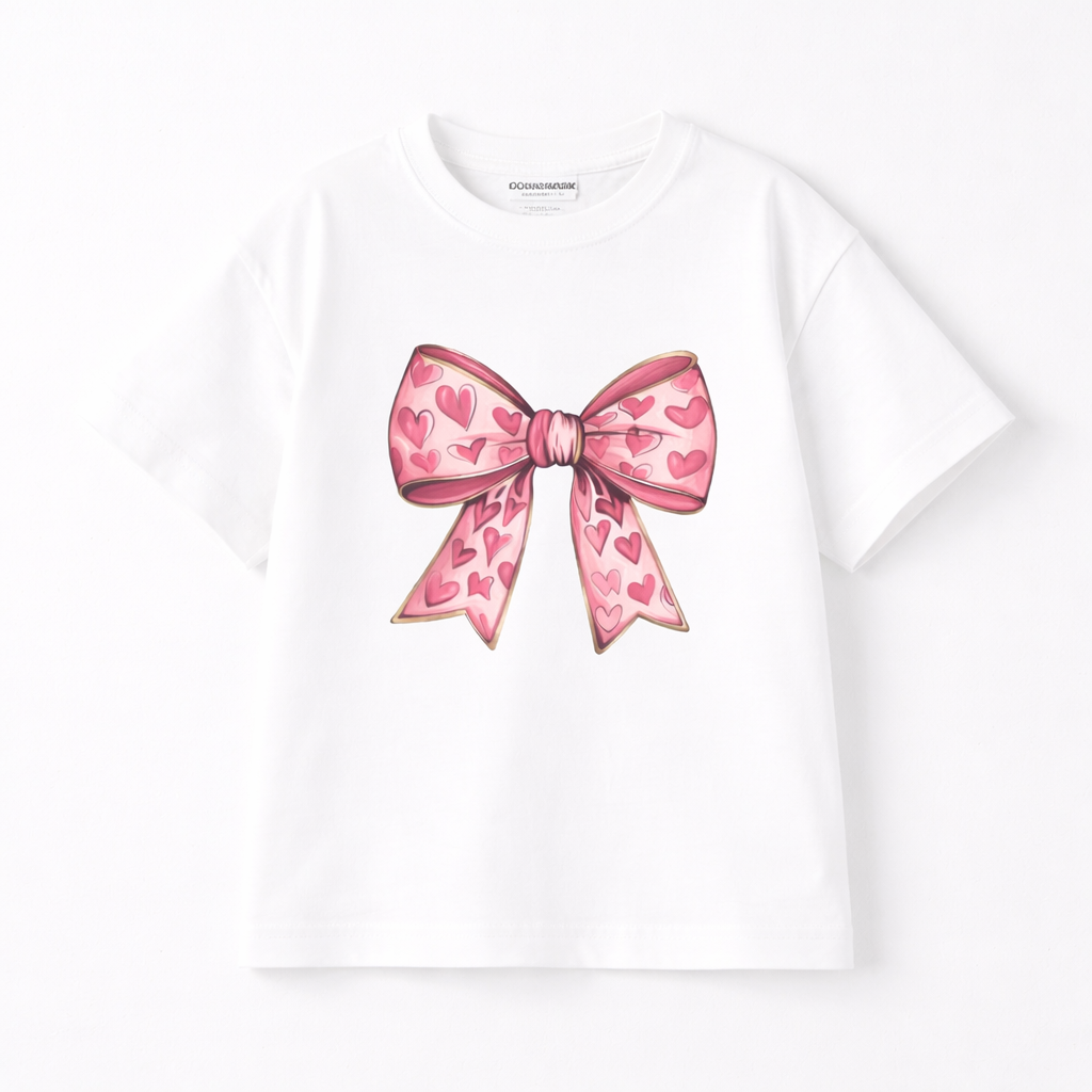Girls Heart Bow Print White T-shirt