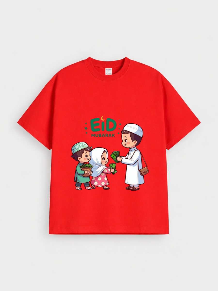 Boys & Girls Eid Mubarak Eidi Kids Graphic Down Shoulder T-shirt for Eid Celebration