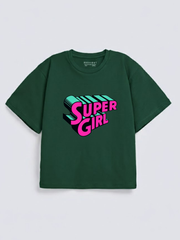 Girls Super Girl Text Print Green Down Shoulder T-shirt