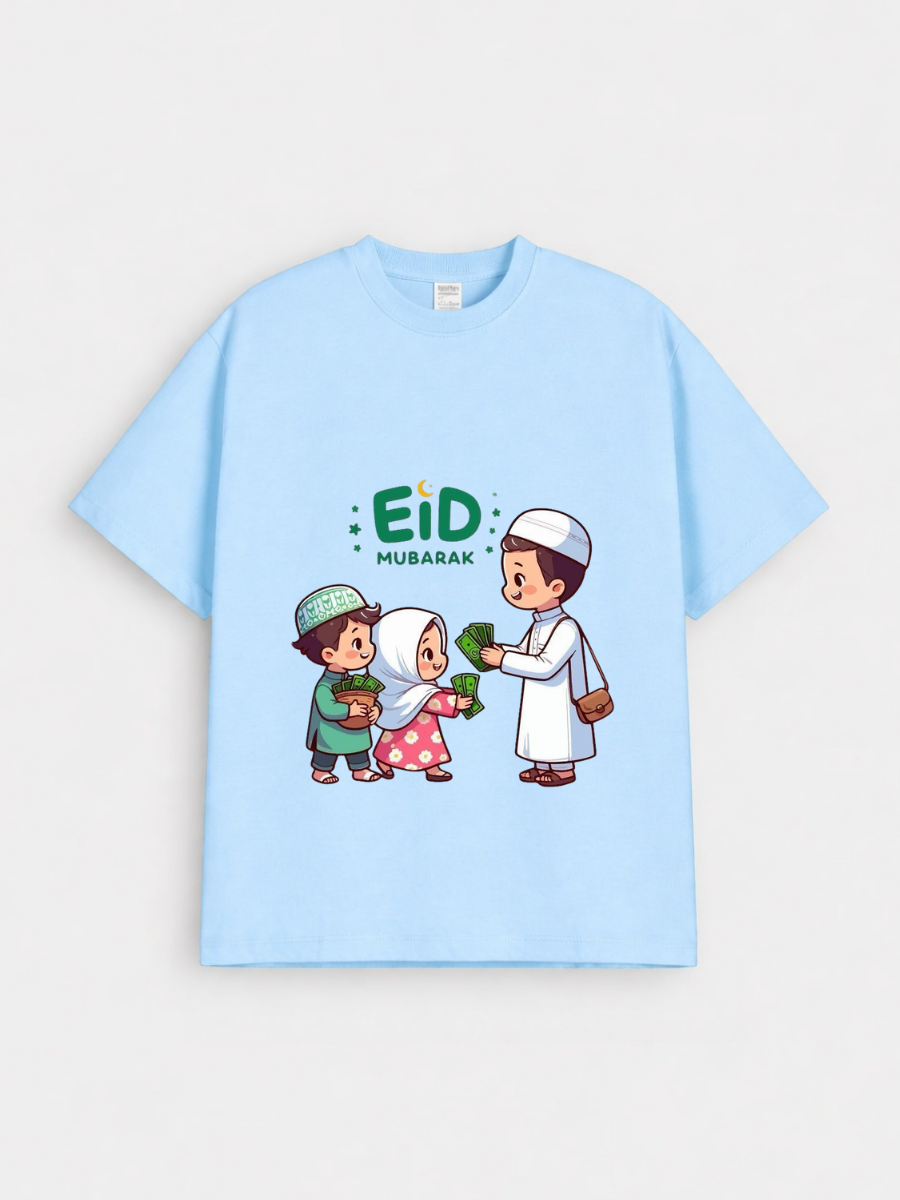 Boys & Girls Eid Mubarak Eidi Kids Graphic Down Shoulder T-shirt for Eid Celebration