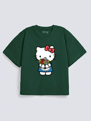 Girls Hello Kitty Print Green Down Shoulder T-shirt