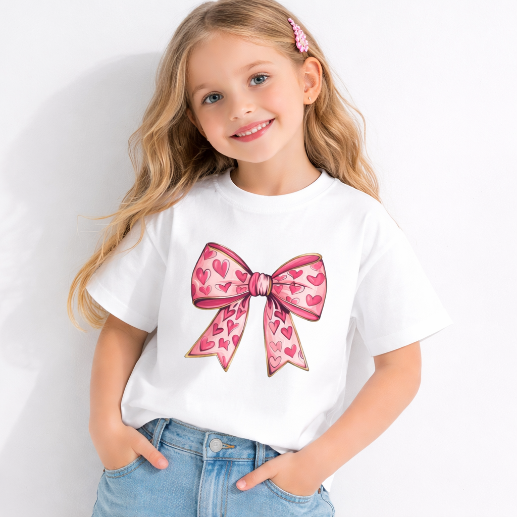 Girls Heart Bow Print White T-shirt