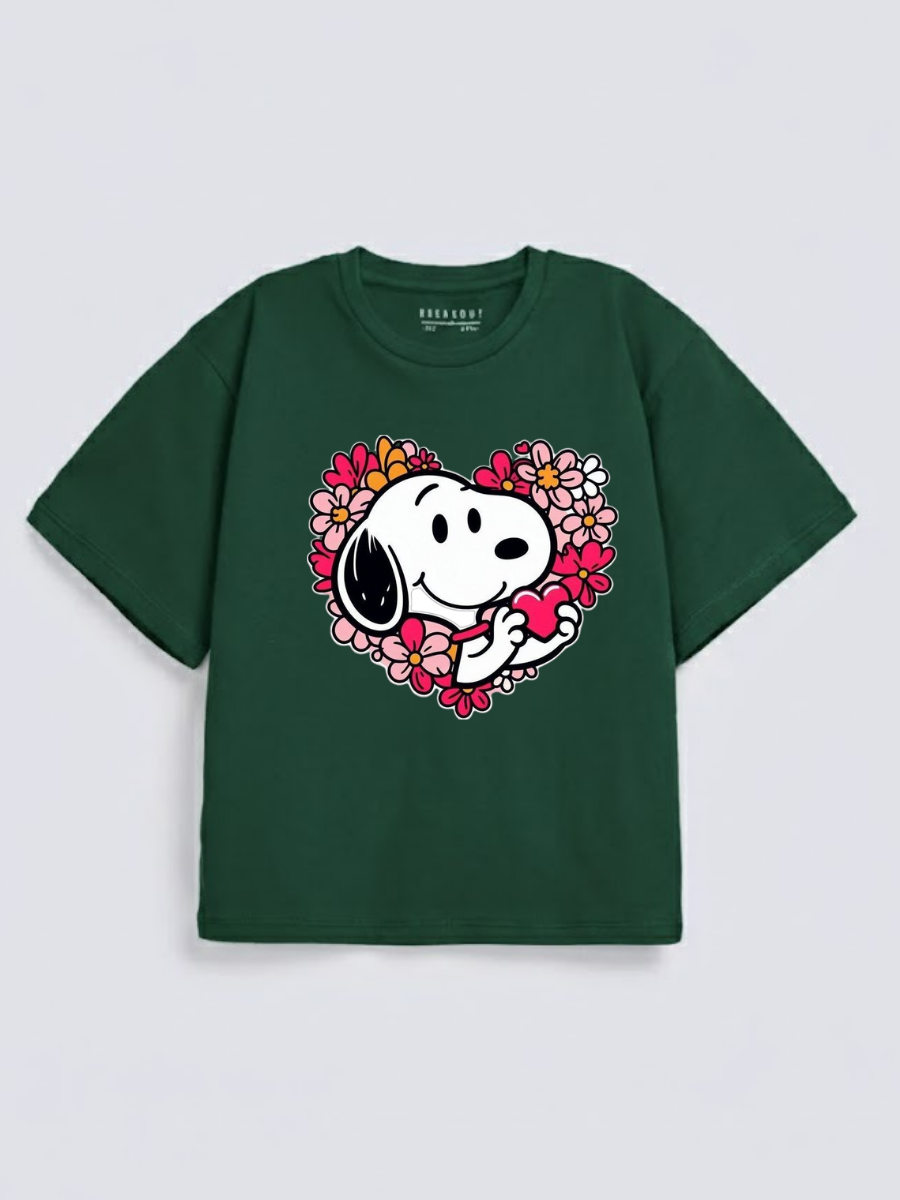 Girls Snoopy Heart Print Green Down Shoulder T-shirt