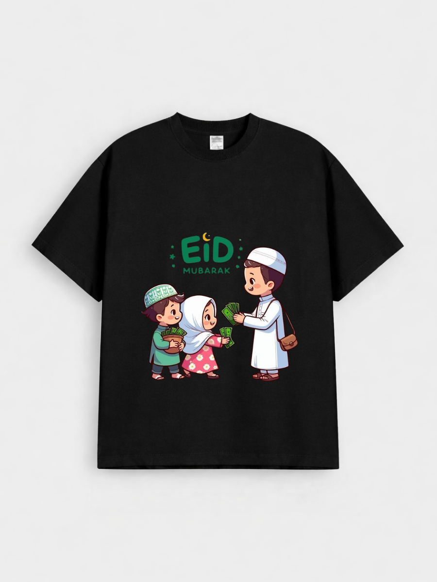Boys & Girls Eid Mubarak Eidi Kids Graphic Down Shoulder T-shirt for Eid Celebration
