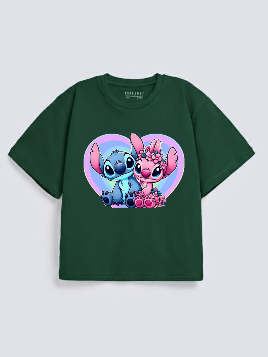 Girls Cute Stitch Couple Print Green Down Shoulder T-shirt