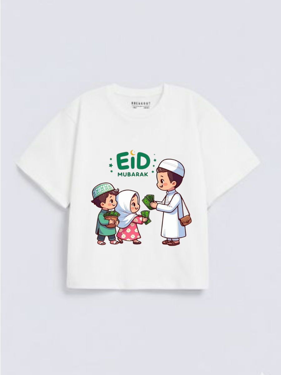 Boys & Girls Eid Mubarak Eidi Kids Graphic Down Shoulder T-shirt for Eid Celebration