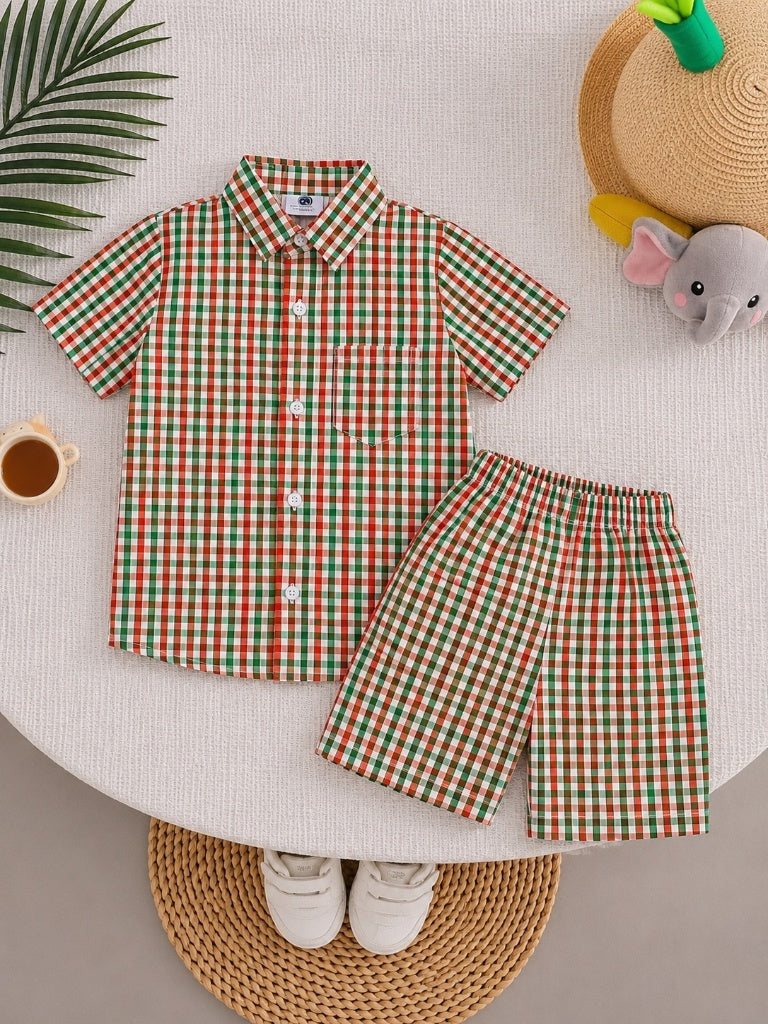 Boys Green Orange Checkered Casual Tracksuit (Summer)