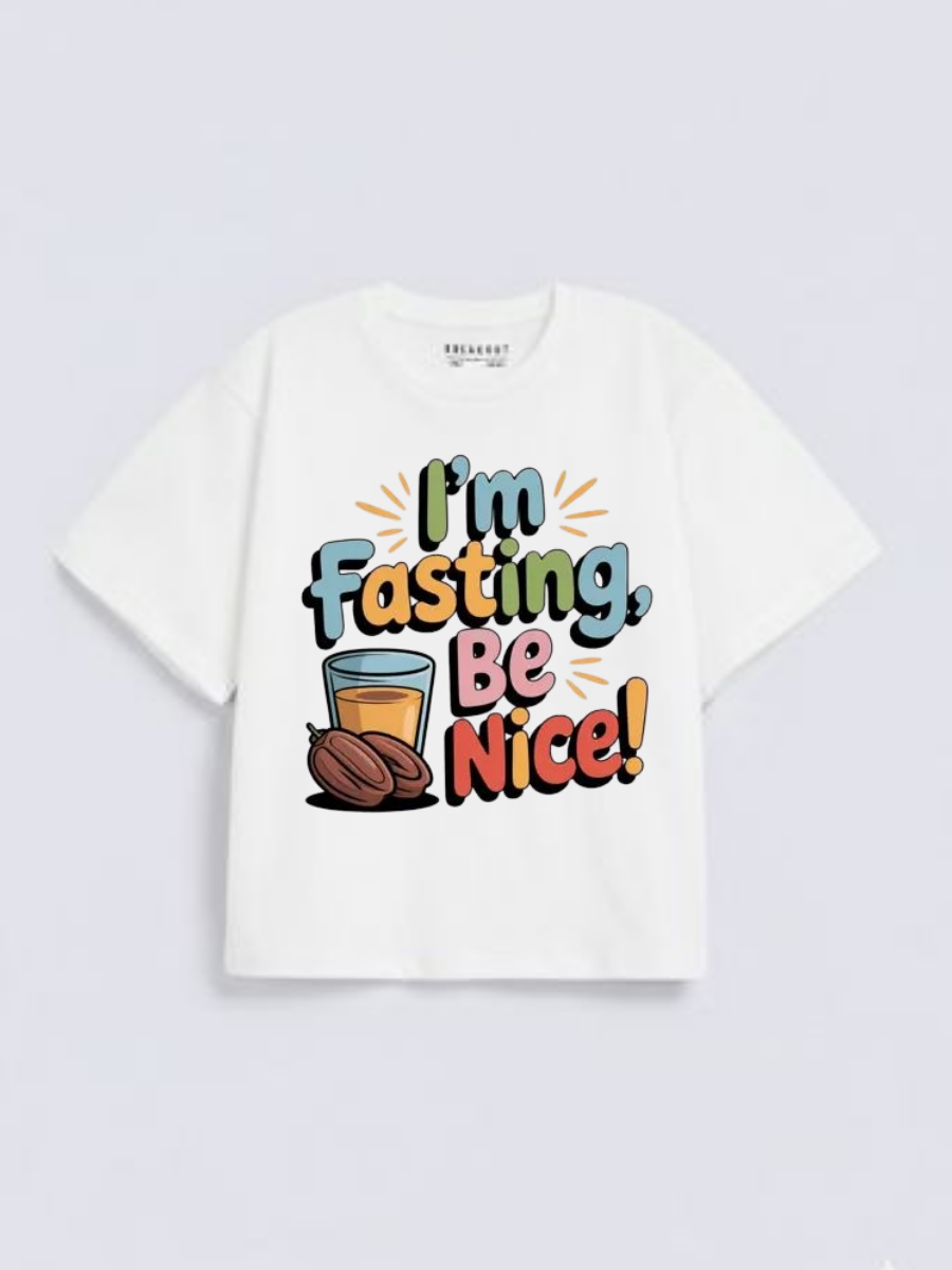 Girls Funny Fasting Quote Graphic Down Shoulder T-shirt for Ramadan