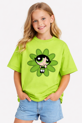 Girls Cartoon Blossom Powerpuff Print Green Down Shoulder T-shirt
