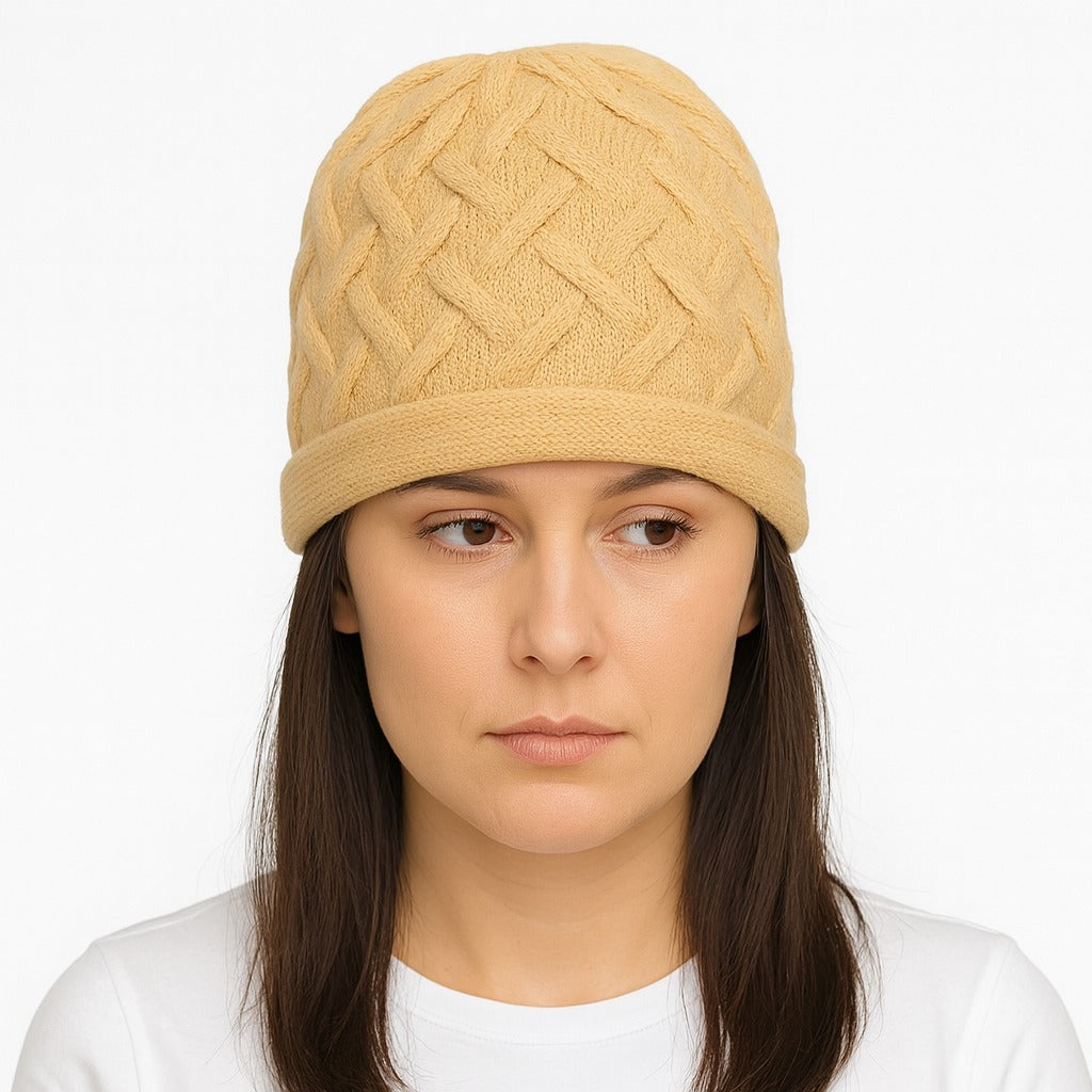 Women yellow braid wool cap