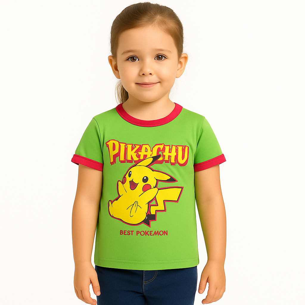 Girls green pikachu shirt with pink rib