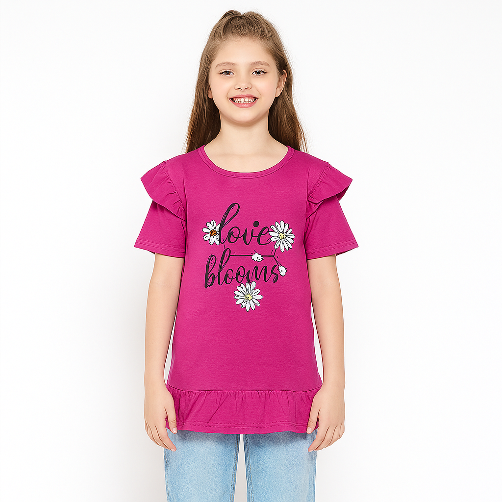 Girls magenta blossom T-shirt frock