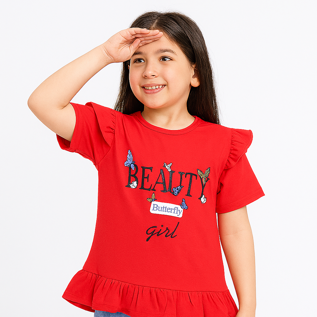 Girls red beauty T-shirt frock.