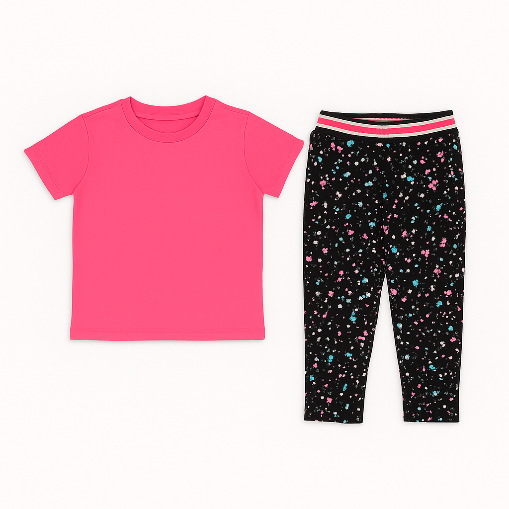 Girls pink shirt with printed tights 2pc