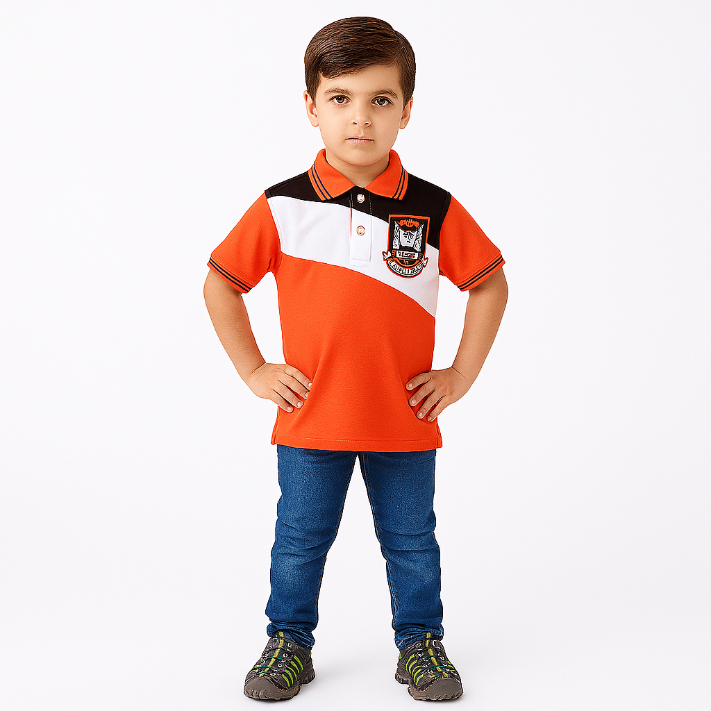 Boys peach,white and black polo shirt