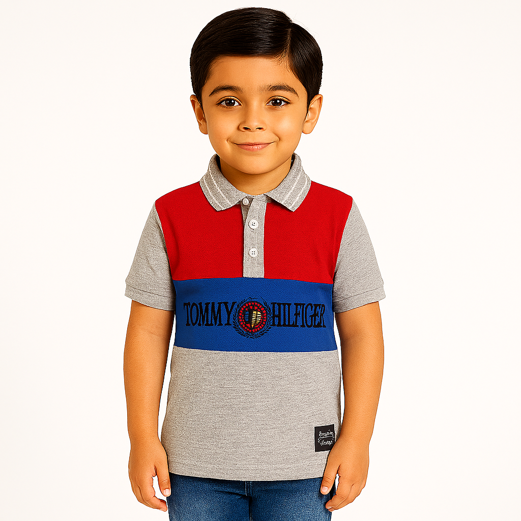Boys gray red and blue Tommy’s polo shirt