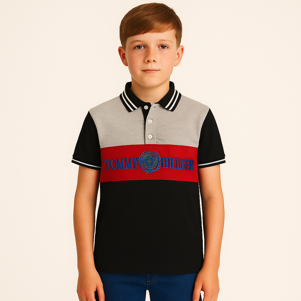 Boys black gray and red Tommy’s polo shirt