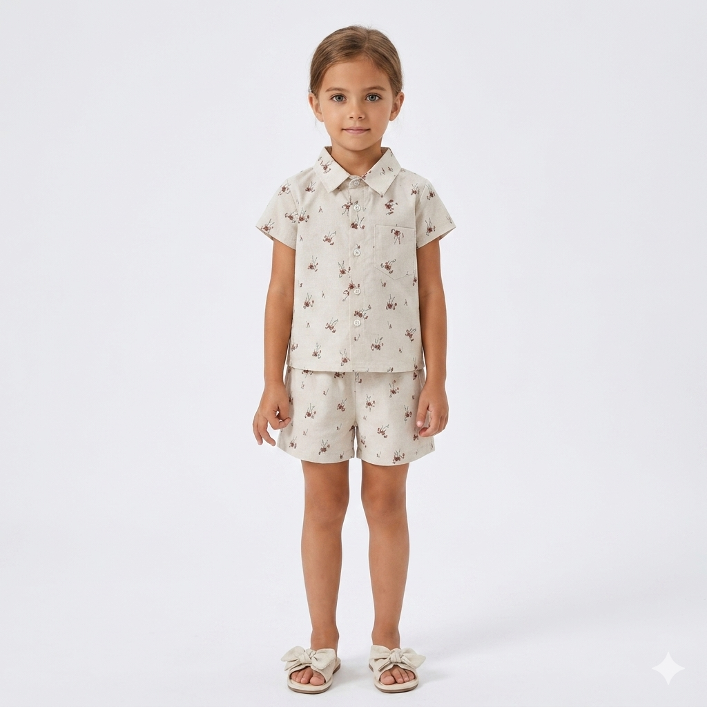 Girls Beige Floral Print Tracksuit (Summer)