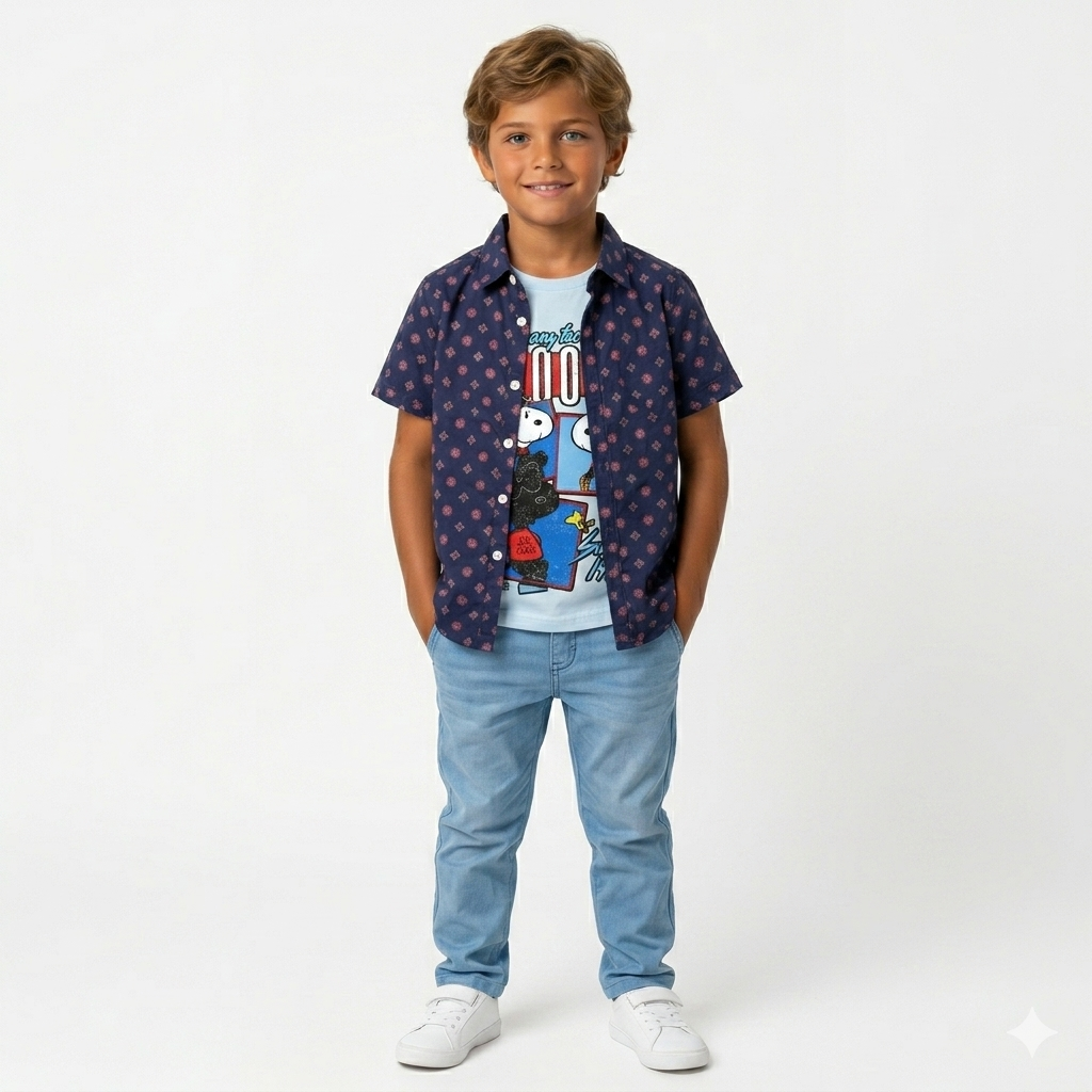 Boys Navy Printed Geometric Design Double Casual Shirt