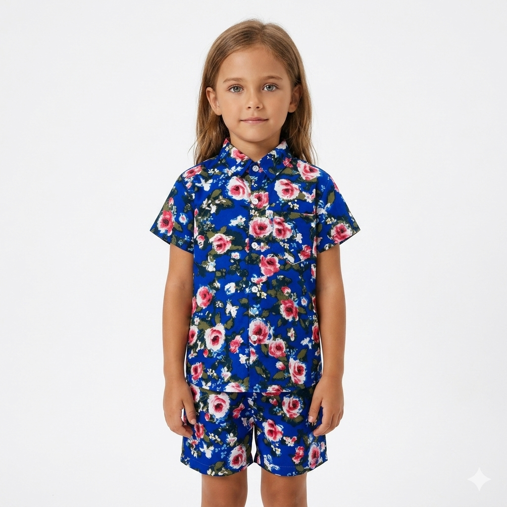Girls Royal Blue Rose Print Tracksuit (Summer)