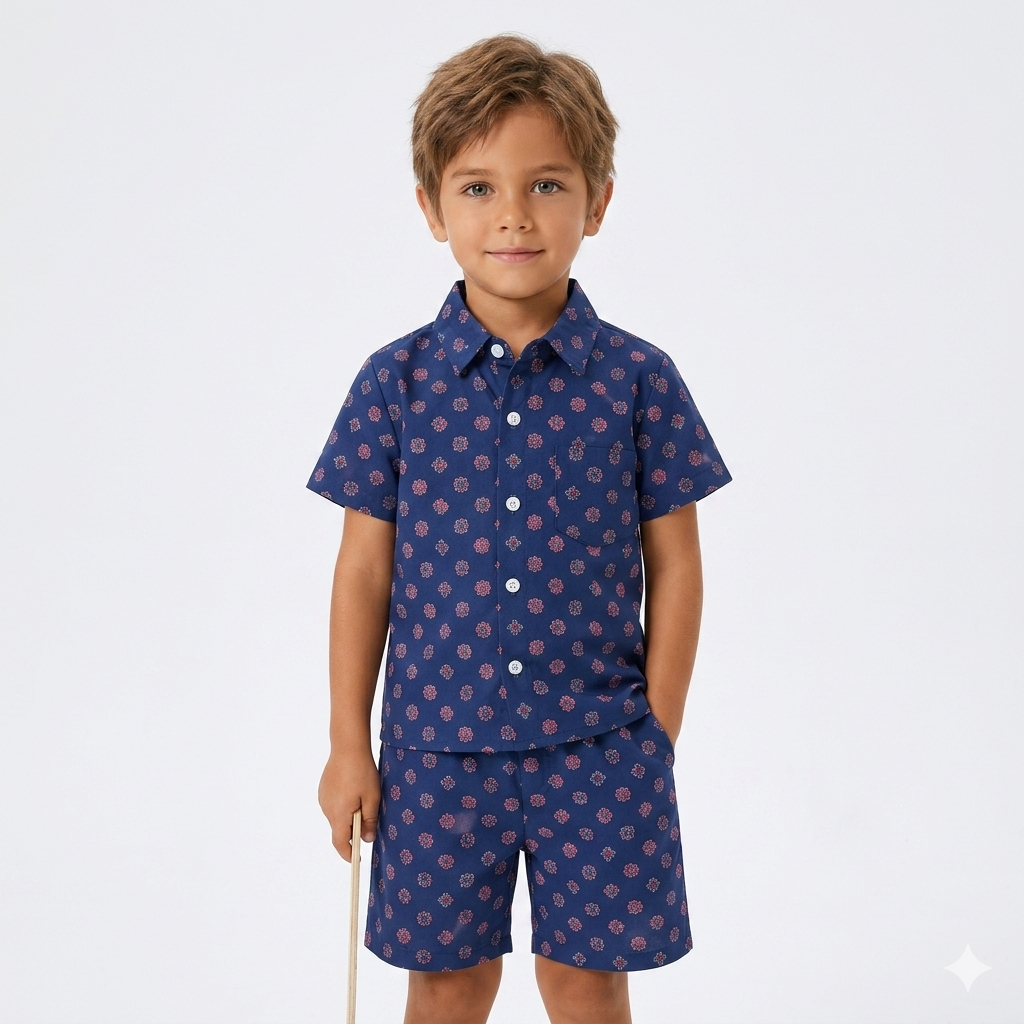 Boys Navy Blue Floral Print Tracksuit (Summer)