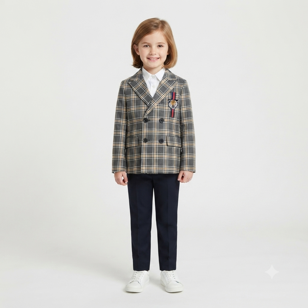 Girls check tiger long coat