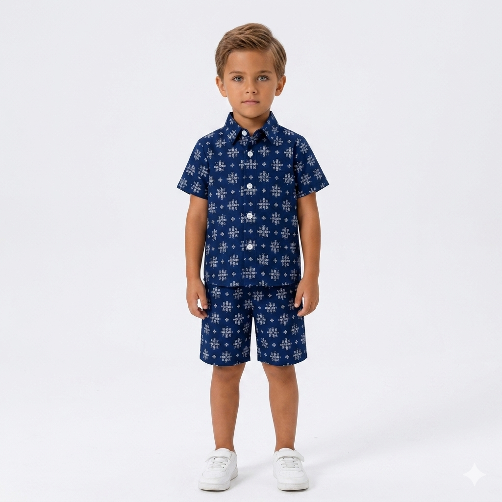 Boys Navy Blue Geometric Print Casual Tracksuit (Summer)