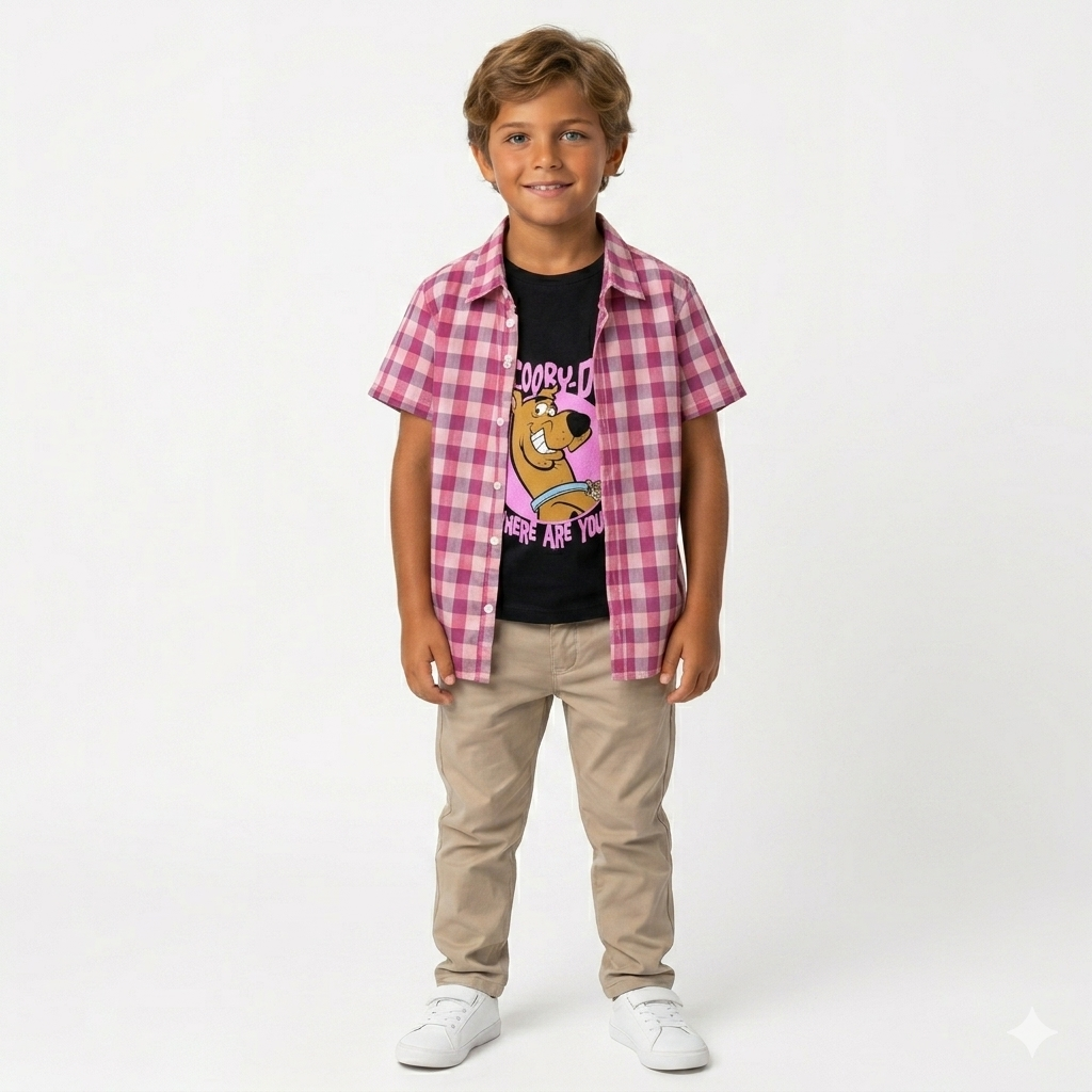 Boys Pink Checkered Cartoon Design Double Casual Shirt