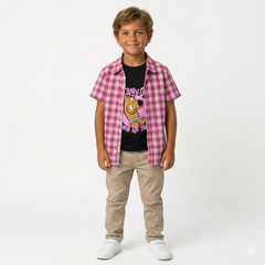 Boys Pink Checkered Cartoon Design Double Casual Shirt