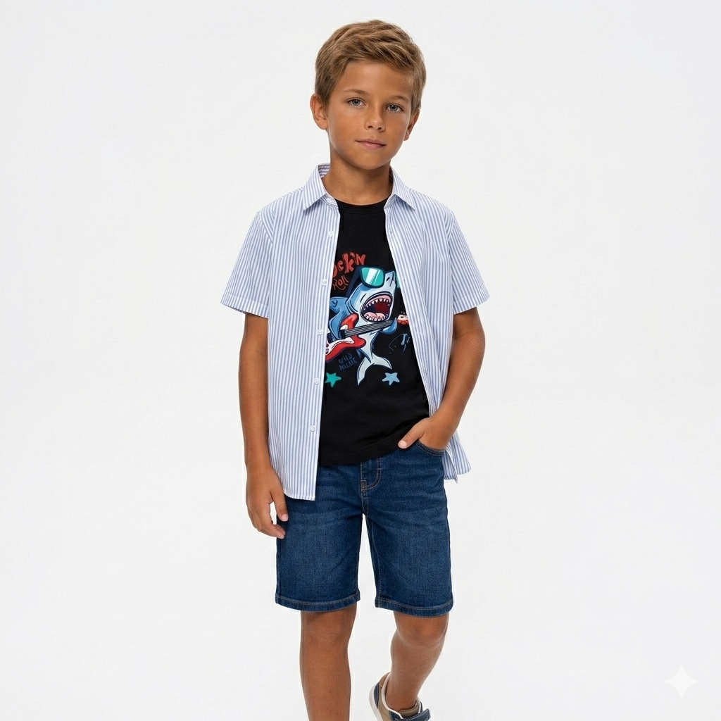 Boys Striped Shark Graphic Printed Double Casual Shirt