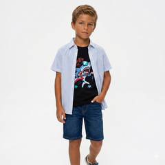 Boys Striped Shark Graphic Printed Double Casual Shirt